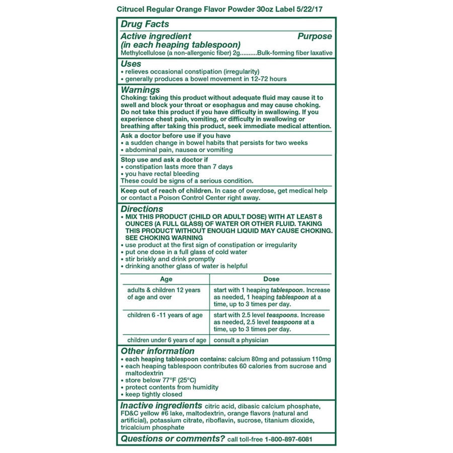 Citrucel Powder, Orange Flavor, Fiber Therapy For Occasional
